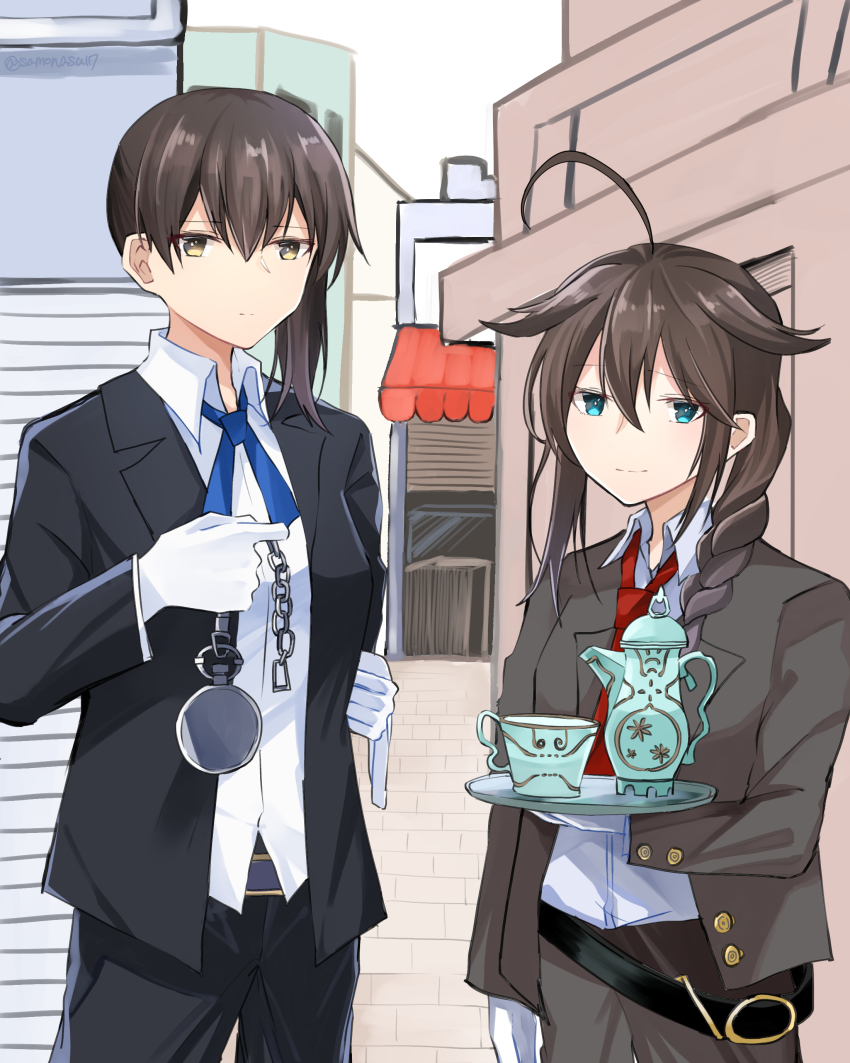 2girls absurdres ahoge alternate_costume black_jacket blouse blue_eyes blue_ribbon braid brown_hair butler cowboy_shot cup formal_clothes gloves grey_jacket hair_over_shoulder highres holding holding_tray jacket kaga_(kancolle) kantai_collection long_hair looking_at_viewer multiple_girls neck_ribbon necktie pants red_necktie ribbon samonasu17 shigure_(kancolle) shirt side_ponytail single_braid smile suit teacup teapot tray watch white_gloves white_shirt yellow_eyes