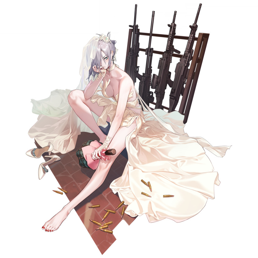 1girl asymmetrical_hair barefoot blue_hair breasts bullet dress girls&#039;_frontline highres mg5_(girls&#039;_frontline) nail_polish official_art shoes solo unworn_shoes veil weapon weapon_rack wedding_dress white_dress