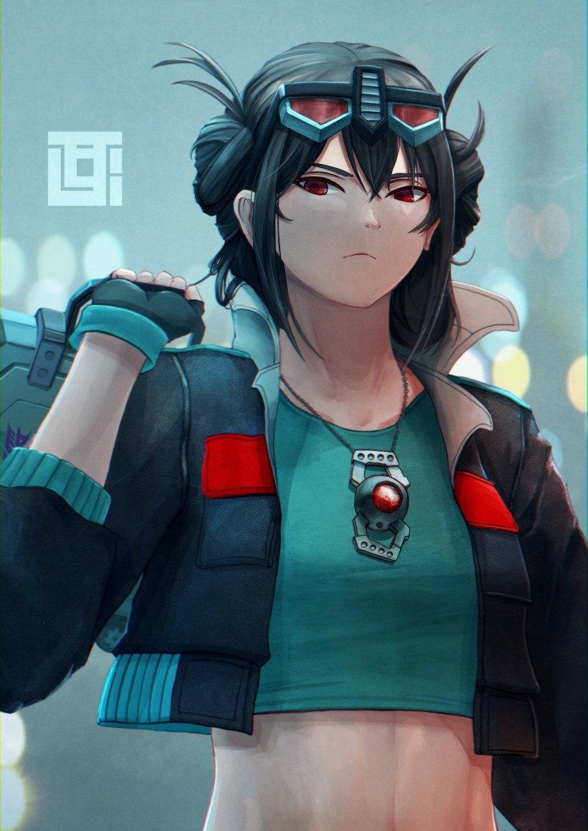 1girl absurdres alternate_color aqua_shirt black_hair black_jacket briefcase crop_top dark_persona decepticon double_bun eyewear_on_head frown genderswap genderswap_(mtf) hair_behind_ear hair_bun highres holding holding_briefcase humanization jacket jewelry kotobukiya_bishoujo kozsen_810290 looking_down matrix_of_leadership necklace nemesis_prime optimus_prime optimus_prime_(kotobukiya_bishoujo) shirt solo transformers upper_body