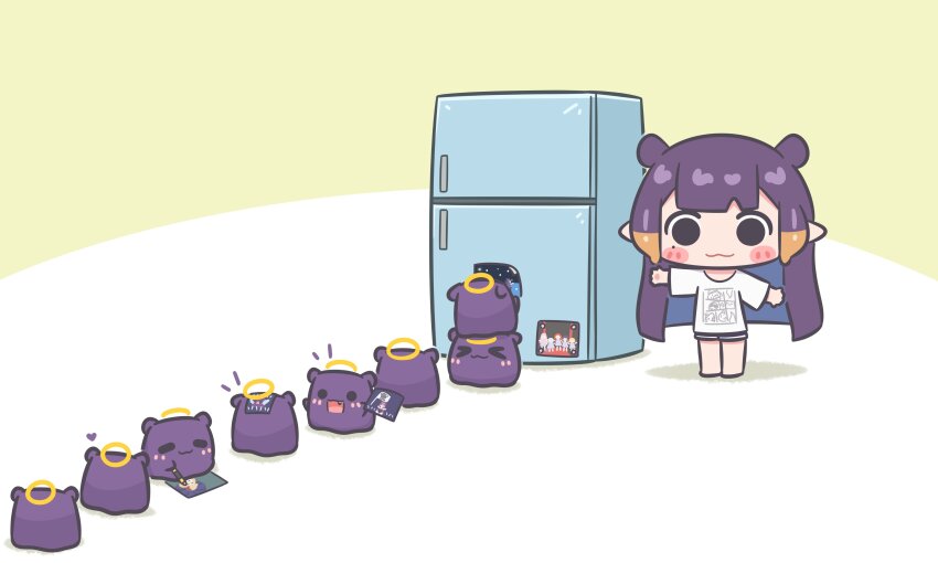 &gt;_&lt; 1girl :3 absurdres blush_stickers bubba_(watson_amelia) death-sensei_(mori_calliope) drawing_(action) drawing_(object) ebi-chan_(gawr_gura) fang gawr_gura halo heart highres hololive hololive_english kotori_(takanashi_kiara) long_hair mole mole_under_eye mori_calliope mpien multicolored_hair ninomae_ina&#039;nis open_mouth orange_hair pointy_ears purple_hair queue refrigerator shirt smile standing_on_another&#039;s_head t-shirt takanashi_kiara takodachi_(ninomae_ina&#039;nis) tentacle_hair virtual_youtuber watson_amelia
