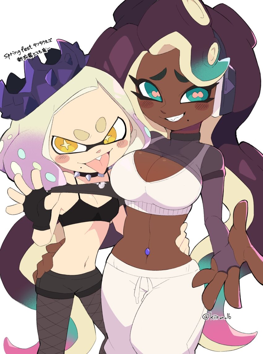 2girls aqua_eyes aqua_hair black_bra black_collar black_gloves black_pantyhose black_shirt black_shorts blonde_hair blush_stickers bra breasts brown_hair cephalopod_eyes cleavage clothes_lift collar commentary_request cowboy_shot crown dark-skinned_female dark_skin fang fingerless_gloves fishnet_pantyhose fishnets furrowed_brow gloves gradient_hair grin hand_on_another&#039;s_waist headphones highres inkling kiirono large_breasts lifting_own_clothes long_hair marina_(splatoon) marina_(springfest)_(splatoon) medium_hair midriff mole mole_under_mouth multicolored_hair multiple_girls navel navel_piercing nintendo octoling official_alternate_costume orange_eyes outstretched_arm pants pantyhose pearl_(splatoon) pearl_(springfest)_(splatoon) piercing pink_hair pink_pupils reaching reaching_towards_viewer shirt shirt_lift shorts small_breasts smile spiked_collar spikes splatoon_(series) splatoon_3 standing star-shaped_pupils star_(symbol) symbol-shaped_pupils tentacle_hair tongue tongue_out translation_request twitter_username two-tone_hair underwear v-shaped_eyebrows very_long_hair white_background white_bra white_pants