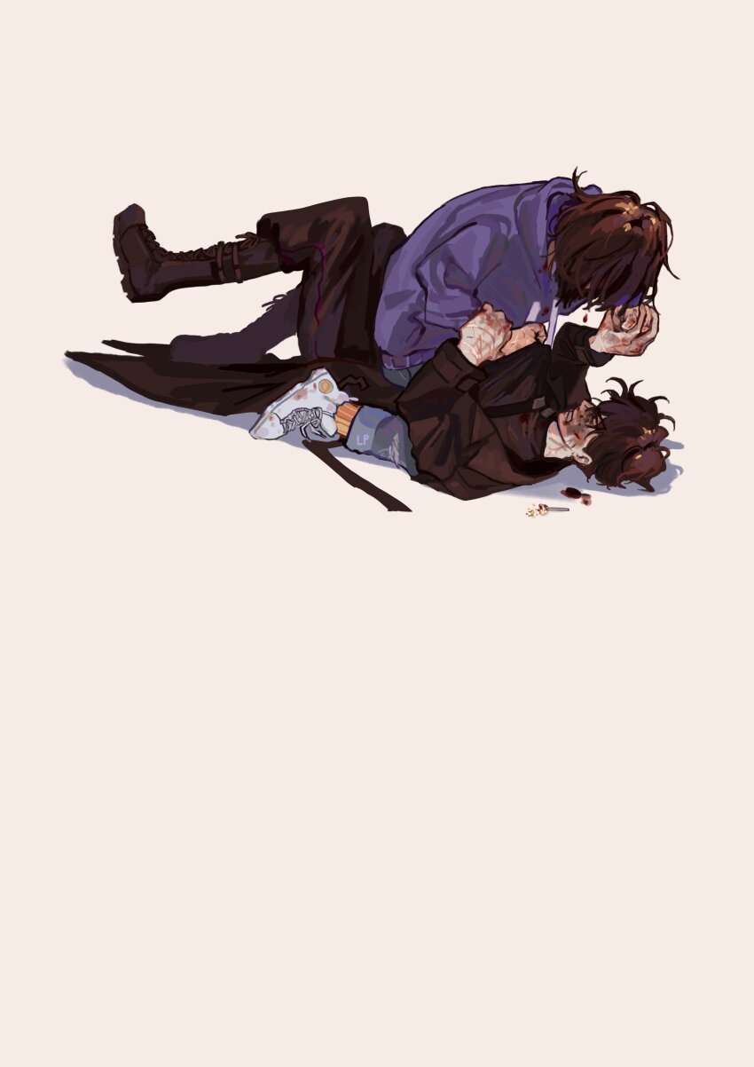 1boy 1girl absurdres black_boots black_coat black_hair black_pants black_shirt blood blue_pants boots candy clenched_teeth clothes_grab coat commentary english_commentary food han_sooyoung highres hood hoodie lollipop lp_(sangkuranak) omniscient_reader&#039;s_viewpoint pants purple_hoodie scar scar_on_hand shirt shirt_grab shoes short_hair straddling teeth very_short_hair white_background white_shoes yoo_joonghyuk