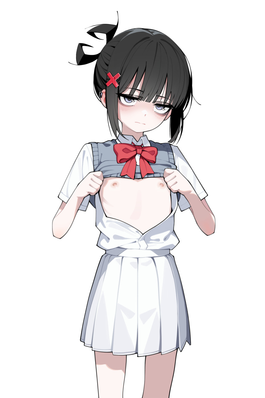 1girl absurdres anomarasu bare_arms bare_legs black_hair bow bowtie breasts breasts_out commentary earclip flat_chest grey_eyes grey_vest hair_ornament hairclip highres loli looking_at_viewer nipples no_bra open_clothes open_shirt original pleated_skirt red_bow red_bowtie shirt short_sleeves simple_background skirt solo standing symbol-only_commentary vest vest_lift white_background white_shirt white_skirt x_hair_ornament