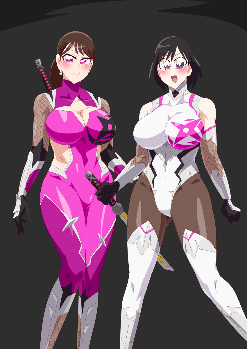 2girls absurdres black_hair bodysuit bodysuits brown_hair highres igasaki_fuuka momochi_kasumi multiple_girls otokam1117 otokamu shuriken_sentai_ninninger super_sentai weapons