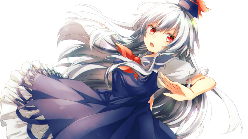 1girl aka_tonbo_(lililil) arm_behind_back blue_dress blue_hair blue_hat breasts commentary_request dress dutch_angle fushigi_no_gensokyo hat kamishirasawa_keine large_breasts long_hair multicolored_hair neckerchief open_mouth puffy_short_sleeves puffy_sleeves red_eyes red_neckerchief short_sleeves simple_background solo touhou two-tone_hair very_long_hair white_background white_hair