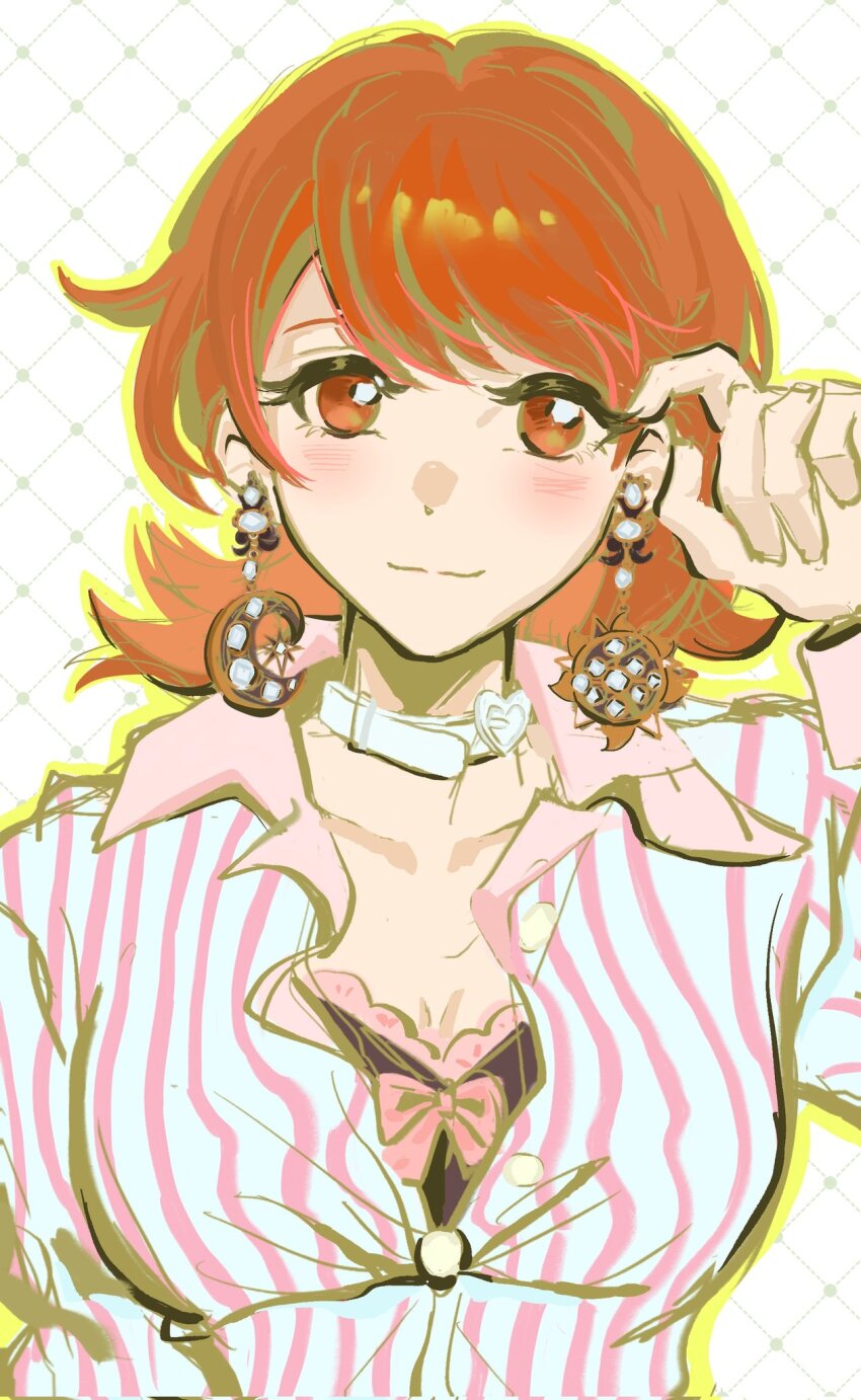 1girl blush bra brown_eyes brown_hair choker collared_shirt crescent crescent_earrings earrings hand_on_own_ear highres jewelry meronsha open_clothes open_shirt persona persona_3 shirt smile sun_earrings swept_bangs takeba_yukari underwear white_background white_choker