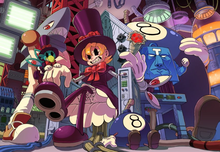 1girl 5boys amber_graygamma andy_anvil avery_(skullgirls) bird boots boxing_gloves chair cigar computer crossed_arms cyborg dress from_below george_the_bomb gloves hat laboratory crossed_legs lenny_the_bomb multiple_boys orange_hair peacock_(skullgirls) red_eyes sharp_teeth shoes short_hair sitting skullgirls smile teeth tommy_ten-tons top_hat