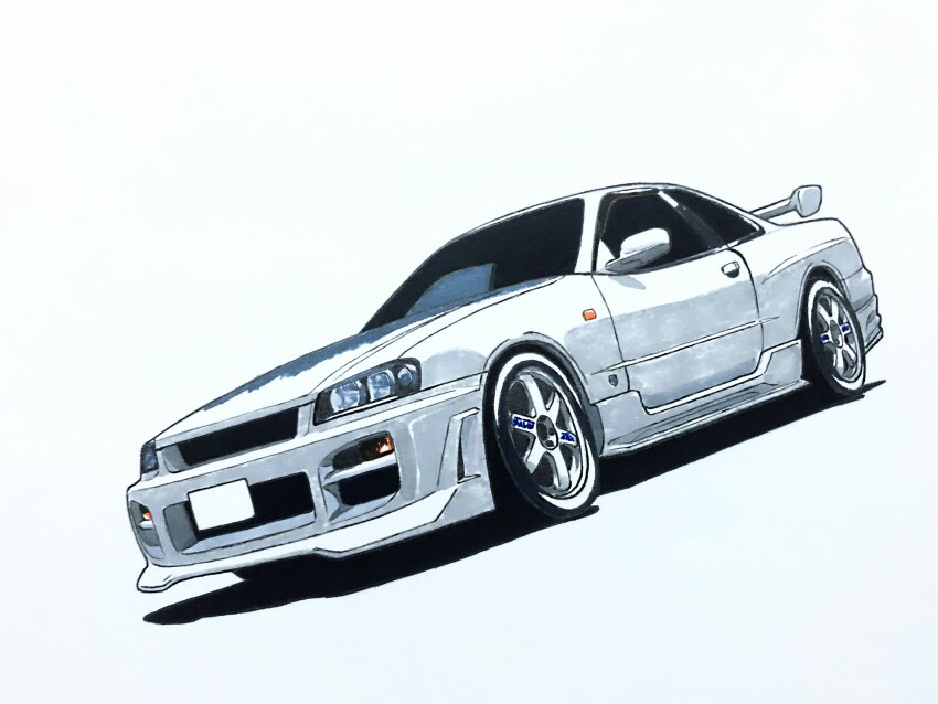 absurdres car highres marker_(medium) motor_vehicle nissan nissan_skyline nissan_skyline_gt-r nissan_skyline_r34 no_humans original shadow shifuto spoiler_(automobile) sports_car traditional_media vehicle_focus white_background white_car