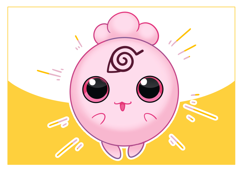 :3 absurdres border commentary_request creatures_(company) emphasis_lines fukidashi_cotton game_freak gen_2_pokemon highres igglybuff konohagakure_symbol naruto_(series) nintendo no_humans outline pink_hair pokemon pokemon_(creature) smile white_border
