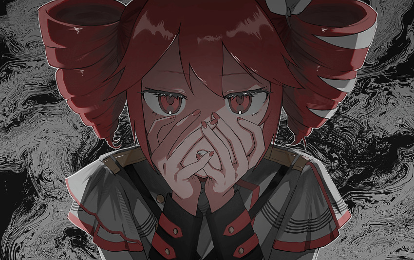 1girl black_background bow buttons commentary_request double-parted_bangs drill_hair fingernails grey_background hair_between_eyes hair_bow hair_ribbon hands_on_own_face highres jacket kasane_teto kasane_teto_(sv) layered_sleeves looking_at_viewer musical_staff musical_staff_print onemubot parted_lips red_eyes red_hair red_nails red_trim ribbon shoulder_belt shoulder_boards solo straight-on striped_clothes striped_jacket synthesizer_v twin_drills upper_body utau white_bow white_ribbon