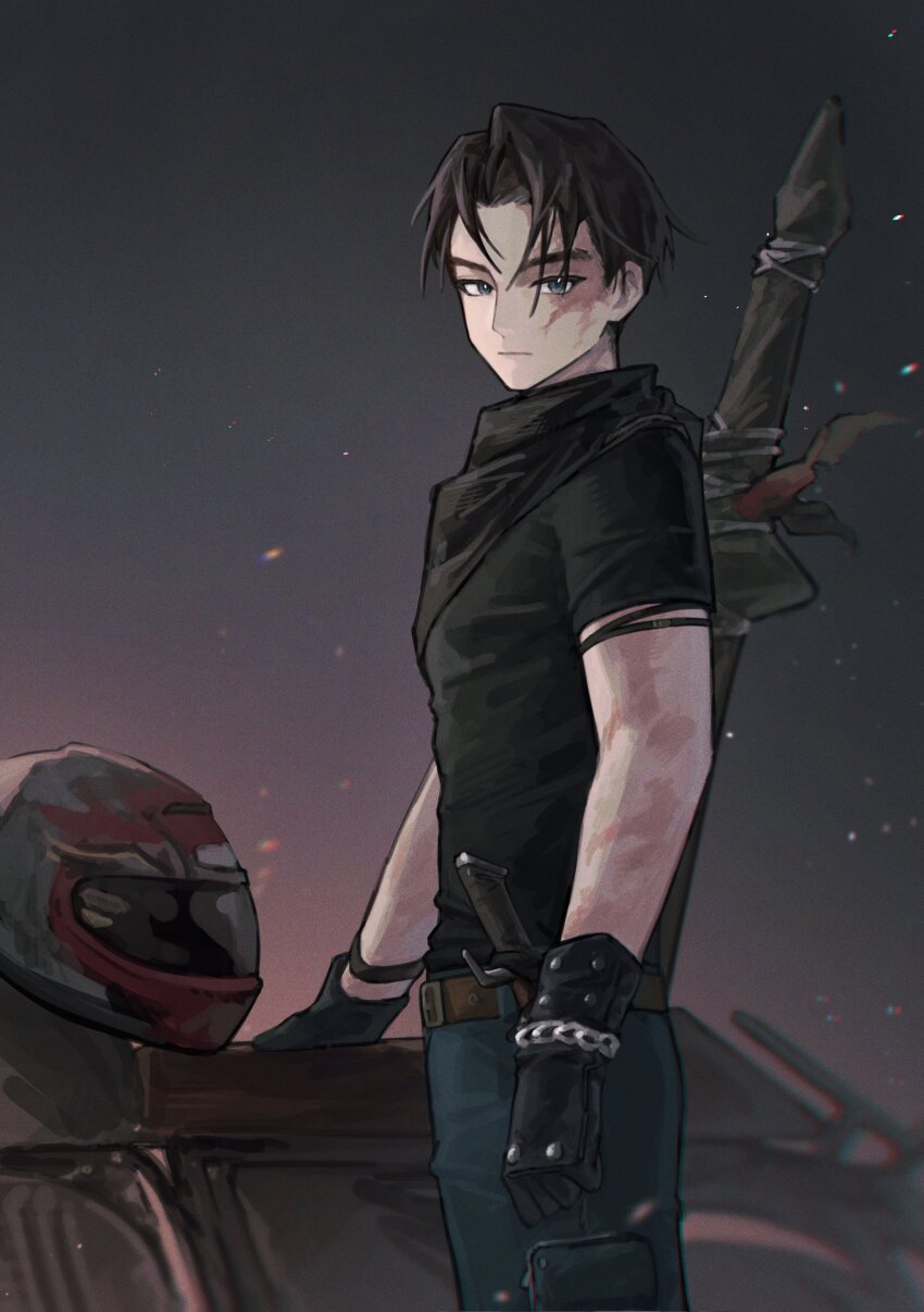1boy absurdres belt black_gloves black_hair black_neckerchief black_shirt blue_eyes blue_pants brown_belt burn_scar closed_mouth cowboy_shot dark_background from_side gloves helmet highres j_(reverse:1999) knife looking_at_viewer male_focus motor_vehicle motorcycle motorcycle_helmet nats_(d0ughnats) neckerchief pants reverse:1999 scar scar_on_arm scar_on_face shirt short_hair short_sleeves solo standing t-shirt unworn_headwear unworn_helmet weapon weapon_on_back