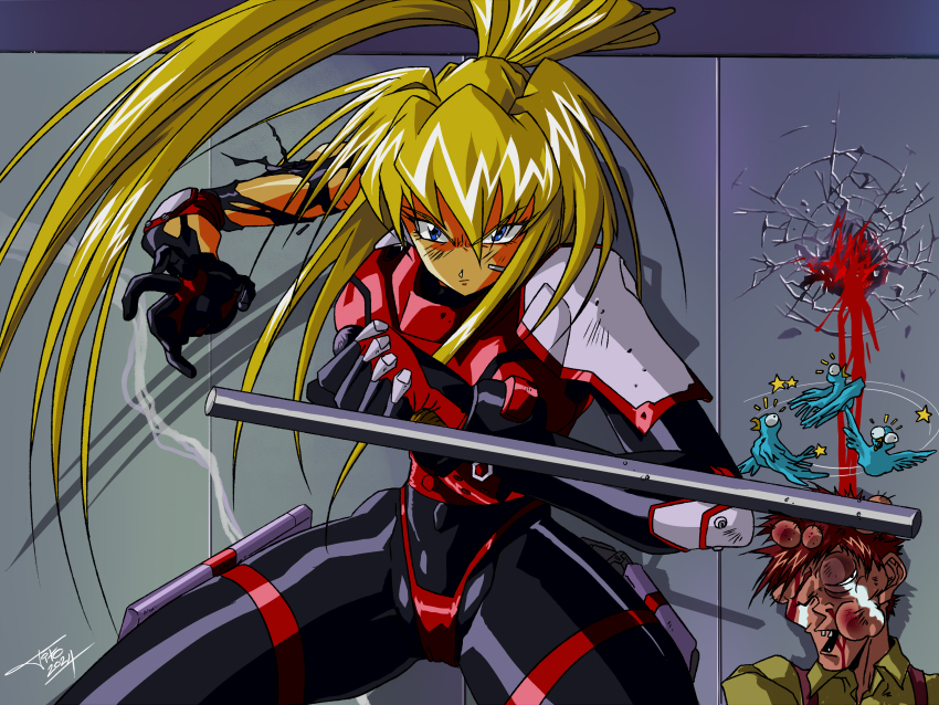 1990s_(style) 1boy 1girl absurdres blonde_hair blood blood_on_face burn-up burn-up_excess burn-up_w fighting_stance highres kinezono_rio long_hair ponytail retro_artstyle tonfa very_long_hair weapon