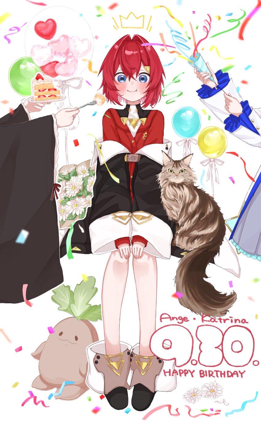3girls 3znk :t absurdres ange_katrina ange_katrina_(1st_costume) ankle_boots balloon black_boots black_coat blue_eyes blush boots bouquet brown_cat cake cake_slice cardigan cat character_name closed_mouth coat commentary_request crossed_bangs dated english_text feeding flower food food_on_face fork hair_between_eyes hair_intakes hair_ornament hands_on_own_knees happy_birthday heart_balloon highres holding holding_fork holding_party_popper holding_plate inui_toko inui_toko_(1st_costume) lize_helesta lize_helesta_(1st_costume) long_bangs looking_at_viewer mandragora mandragora_(ange_katrina) multiple_girls nijisanji off_shoulder out_of_frame outline party_popper plate red_cardigan red_hair sanbaka_(nijisanji) see-through_balloon short_hair simple_background sleeves_past_wrists smile strawberry_shortcake streamers triangle_hair_ornament virtual_youtuber white_background white_flower white_outline