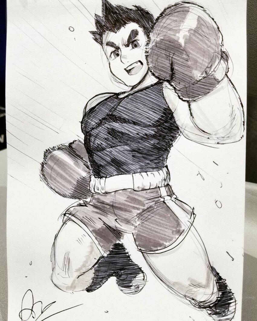 1boy alex_ahad black_hair boots boxing_gloves full_body greyscale highres little_mac looking_at_viewer monochrome motion_lines nintendo open_mouth pen_(medium) punch-out!! shorts solo speed_lines traditional_media