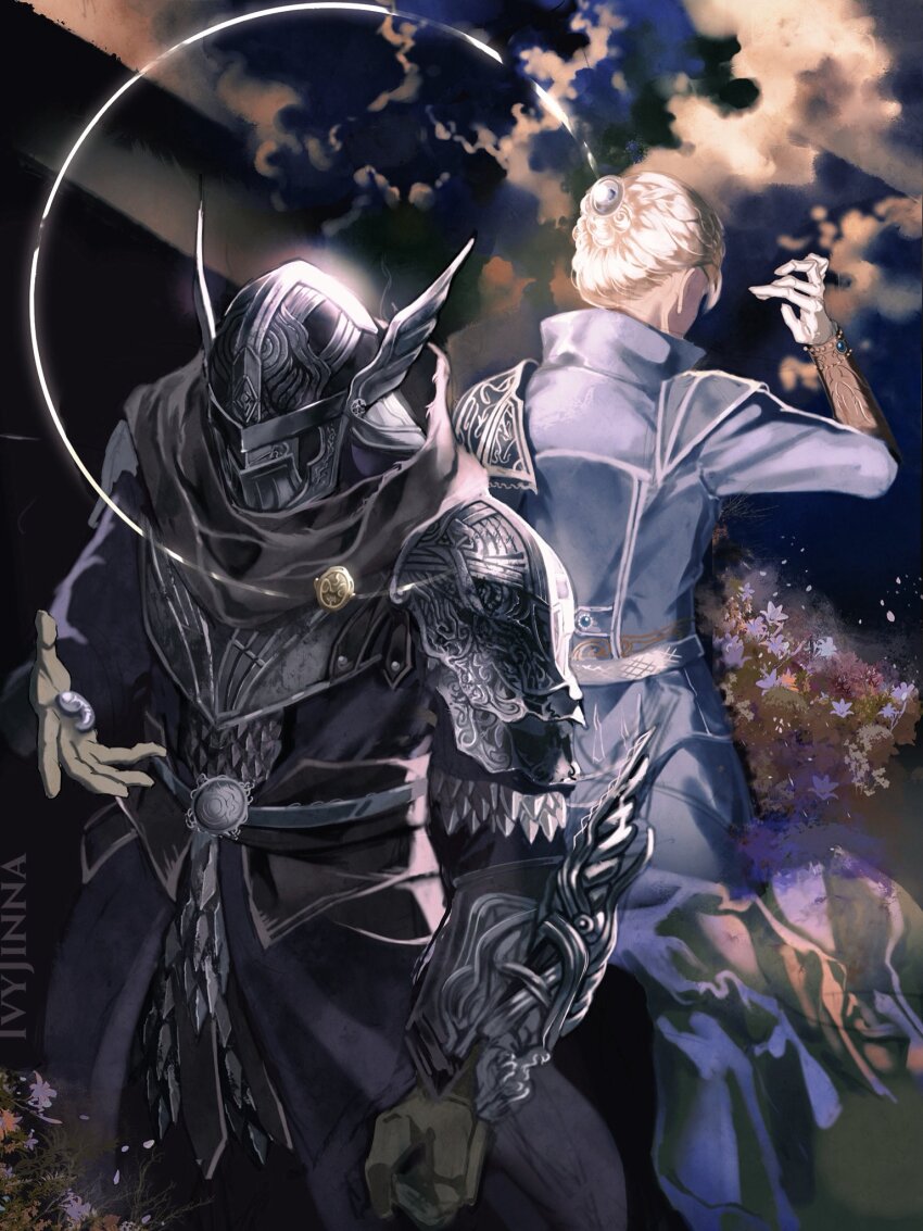 1boy 1girl armor blonde_hair blue_surcoat braid cloud crown_braid duchess_(elden_ring) elden_ring elden_ring_nightreign eye_mask flower gloves helmet highres holding scale_armor signature white_gloves winged_helmet wylder_(elden_ring) yujia0412
