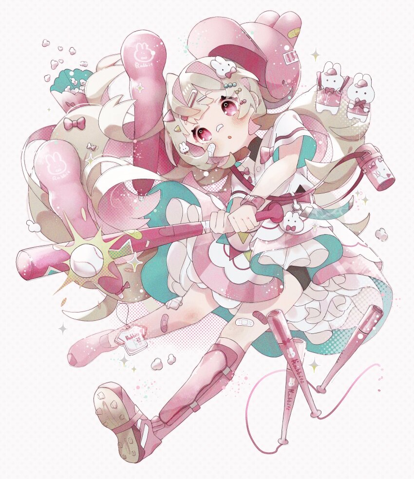 1girl :o absurdres animal_ear_headwear animal_ears asymmetrical_legwear bandaid bandaid_on_face bandaid_on_knee bandaid_on_leg bandaid_on_nose baseball baseball_bat baseball_cap baseball_helmet baseball_uniform bike_shorts_under_skirt biker_clothes bikesuit black_bodysuit blonde_hair blunt_bangs bodysuit bottle buttons charm_(object) child cleats dotted_background dress fake_animal_ears film_grain flat_chest floating_hair food hair_ornament hair_ribbon hairpin halftone hat helmet highres hitting holding holding_baseball_bat layered_dress long_hair looking_at_object miniko_0325 multicolored_hair multiple_hairpins open_mouth original petticoat pink_eyes pink_hair pink_hat pink_shoes pink_socks popcorn rabbit rabbit_hair_ornament ribbon shoes short_sleeves shoulder_strap sidelocks single_shin_guard skindentation socks solo sparkle sportswear thermos two-tone_hair very_long_hair wrist_bow wristband