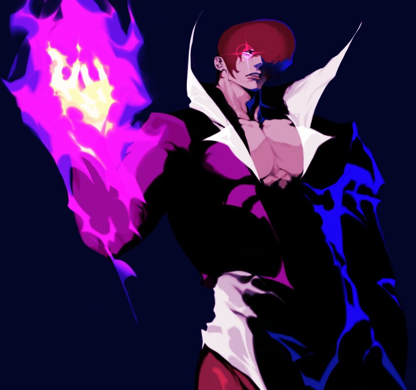 1boy arm_up bare_pectorals blue_background collarbone commentary english_commentary fire hellkat highres looking_at_viewer male_focus mystical_high_collar pants parted_lips pectorals purple_eyes purple_fire red_hair red_pants simple_background solo standing teeth the_king_of_fighters yagami_iori