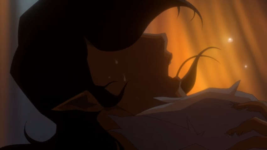 anime_screenshot brown_hair critical_role dungeons_&amp;_dragons dungeons_&amp;_dragons half-elf hand_on_another&#039;s_head highres implied_sex moaning open_mouth percival_de_rolo sweat the_legend_of_vox_machina vex&#039;ahlia_vessar white_hair