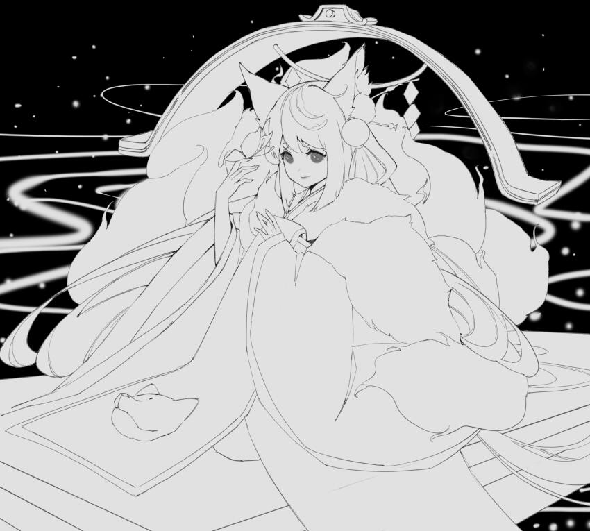 1girl absurdres aged_down animal_ears bug butterfly butterfly_on_hand feather_boa fox_ears fox_mask fox_tail genderswap genderswap_(mtf) hands_up highres insect japanese_clothes kimono lineart long_hair long_sleeves mask unworn_mask monochrome multiple_tails onmyoji solo tail tamamo_no_mae_(onmyoji) wide_sleeves yi_er_san