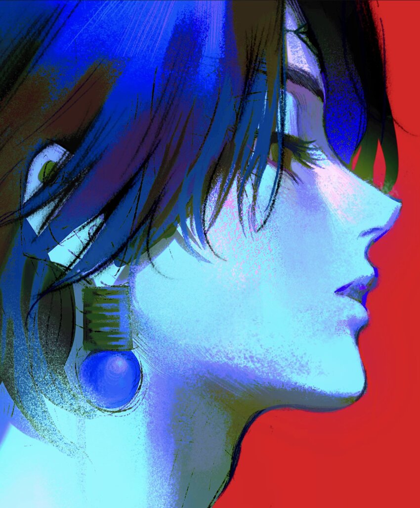 1boy aaaaapleeeee adam&#039;s_apple black_hair blue_light chrollo_lucilfer close-up earrings expressionless facial_mark forehead_mark from_side green_eyes half-closed_eyes highres hunter_x_hunter jewelry looking_down male_focus parted_bangs parted_lips red_background short_hair simple_background solo straight_hair