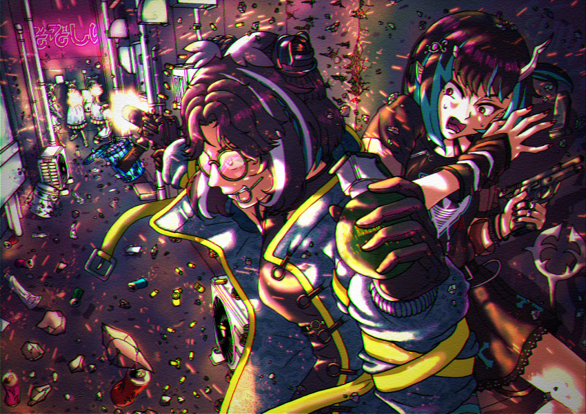 6+girls air_conditioner alley black_dress black_gloves black_hair blue_coat blue_hair bullet bullet_hole can coat commentary_request cone_hair_bun demon_girl demon_horns demon_tail dress drink_can explosive firing glasses gloves grenade grenade_pin_in_mouth gun hair_bun handgun highres holding holding_grenade holding_gun holding_weapon horns hunk_(hunkxk) kuroneko_nanashi mac-10/11 maid multicolored_hair multiple_girls nanashi_inc. neon_trim official_alternate_costume open_clothes open_coat open_mouth oura_rukako oura_rukako_(2nd_costume) pointy_ears red_eyes shell_casing shishio_chris shishio_chris_(3rd_costume) short_hair short_sleeves smile soda_can sparks streaked_hair submachine_gun surprised tail trash_can two-tone_hair upper_body virtual_youtuber weapon white_hair yellow-framed_eyewear