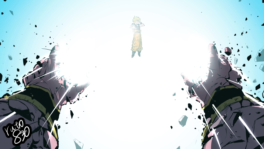 1boy armband blue_shirt boots breaking defeat dragon_ball dragonball_z dying genki_dama highres kid_buu majin_buu outstretched_arm pov pov_hands ruto830 shirt shockwave son_goku super_saiyan super_saiyan_1