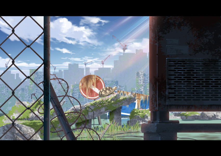 absurdres animal animal_focus barbed_wire blue_sky chain-link_fence city cloud crane_(machine) day fence highres moss no_humans original outdoors overgrown post-apocalypse road_sign ruins rust scenery sign sky sumassha_t_t