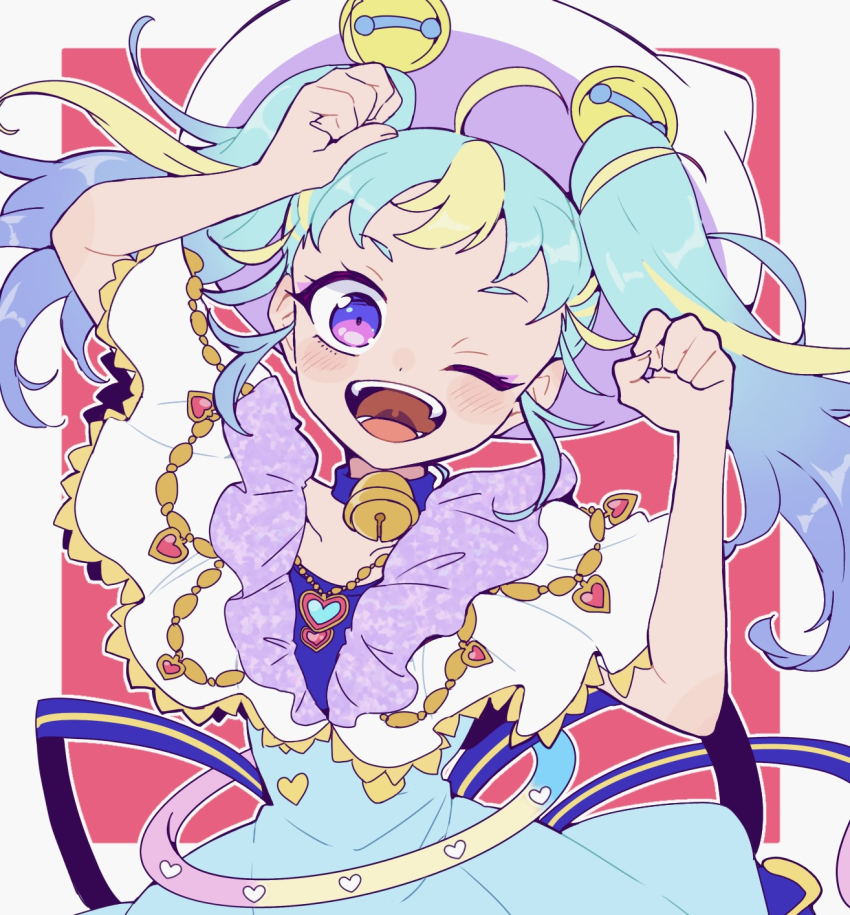 1girl ;d ahoge bell blue_collar blue_dress blue_hair border capelet collar commentary_request cowboy_shot dress hands_up highres long_hair looking_at_viewer multicolored_hair myamu neck_bell nojima_minami one_eye_closed open_mouth outside_border pink_background pretty_series purple_eyes smile solo standing streaked_hair twintails waccha_primagi! white_border white_capelet