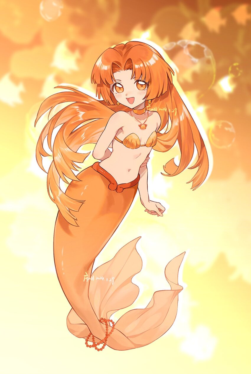 1girl :d anklet arm_at_side arm_behind_back artist_name bead_anklet beads bikini blunt_ends blurry blurry_background choker commentary dated earrings flat_chest full_body hand_on_own_arm highres jewelry light_blush long_hair looking_at_viewer mermaid mermaid_melody_pichi_pichi_pitch monster_girl navel necklace open_mouth orange_choker orange_eyes orange_hair parted_bangs seira_(mermaid_melody_pichi_pichi_pitch) shell shell_bikini shell_necklace smile solo symbol-only_commentary xuchuan