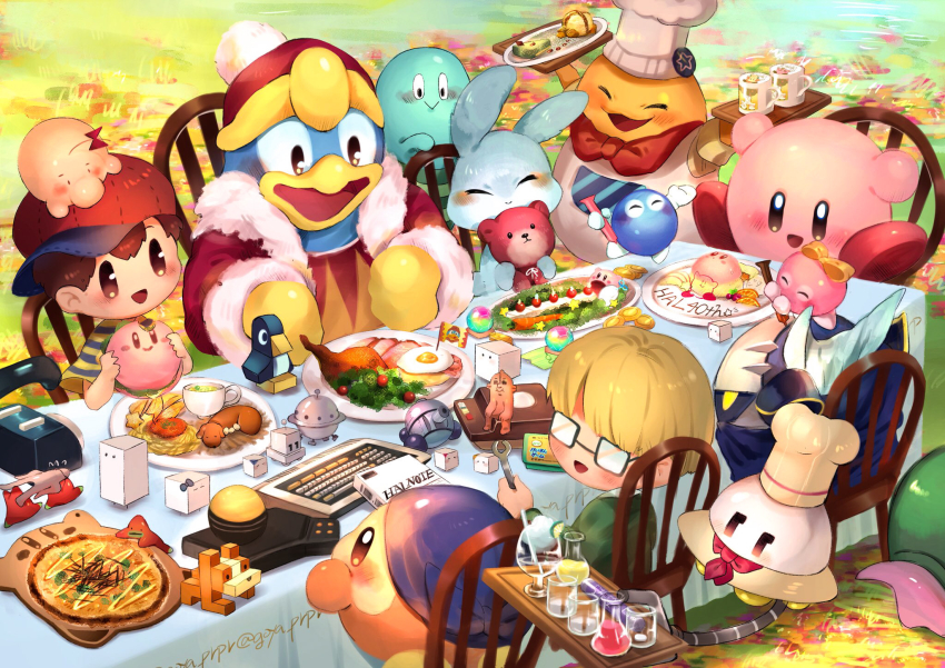 2boys :d ^_^ anniversary apron armor arms_up artist_name badge bandana bandana_waddle_dee baseball_cap blonde_hair blue_cape blue_shirt blush bow box boxboy! brown_eyes brown_hair burger button_badge camera cape carrot chair character-themed_food character_request chef_hat chef_kawasaki cherry_tomato closed_eyes closed_mouth coin commentary_request copyright_request cup dog doseisan drinking_glass drinking_straw egg_(food) erlenmeyer_flask figure flag flask food french_fries fried_egg fruit fur-trimmed_jacket fur-trimmed_sleeves fur_trim glasses green_jacket hair_between_eyes hal_laboratory halnote hat hataraku_ufo highres holding holding_food holding_stuffed_toy holding_tray holding_wrench hosuu_de_shoubu!!_kame_sanpo inutamago jacket jeff_andonuts jobski joyball kawao9 computer_keyboard king_dedede kirby kirby_(series) kirby_burger kirby_cafe lalala_(kirby) lettuce lololo_(kirby) long_sleeves looking_at_another looking_to_the_side mask meta_knight mother_(series) mother_2 mug multiple_boys neckerchief ness_(mother_2) nintendo on_chair on_head opaque_glasses open_clothes open_jacket open_mouth orange_(fruit) orange_slice outdoors pasta pauldrons pizza plate pom_pom_(clothes) qbaby qbby qucy qudy rabbit rectangular_eyewear red_bandana red_headwear red_jacket red_neckerchief round-bottom_flask salad shirt short_hair short_sleeves shoulder_armor sitting smile spaghetti standing star_(symbol) starman_(mother) striped_clothes striped_shirt stuffed_animal stuffed_toy t-shirt table tablecloth teddy_bear tofu tomato tray two-tone_shirt ufo urashima_(kame_sanpo) waddle_dee white_apron white_headwear wrench yellow_bow yellow_shirt
