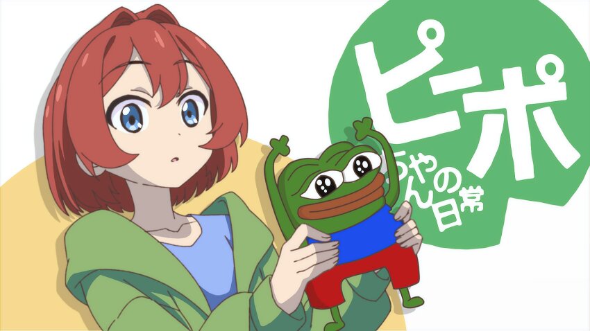 1girl 1other 4chan :o arms_up black_eyes blue_eyes blue_shirt collarbone commentary creature creature_and_personification english_commentary frog green_hoodie hair_intakes hands_up highres holding holding_creature hood hood_down hoodie long_sleeves looking_at_viewer otachanshow pants parted_lips peepo peepo-chan peepochan pepe_the_frog personification red_hair red_pants shirt smile upper_body