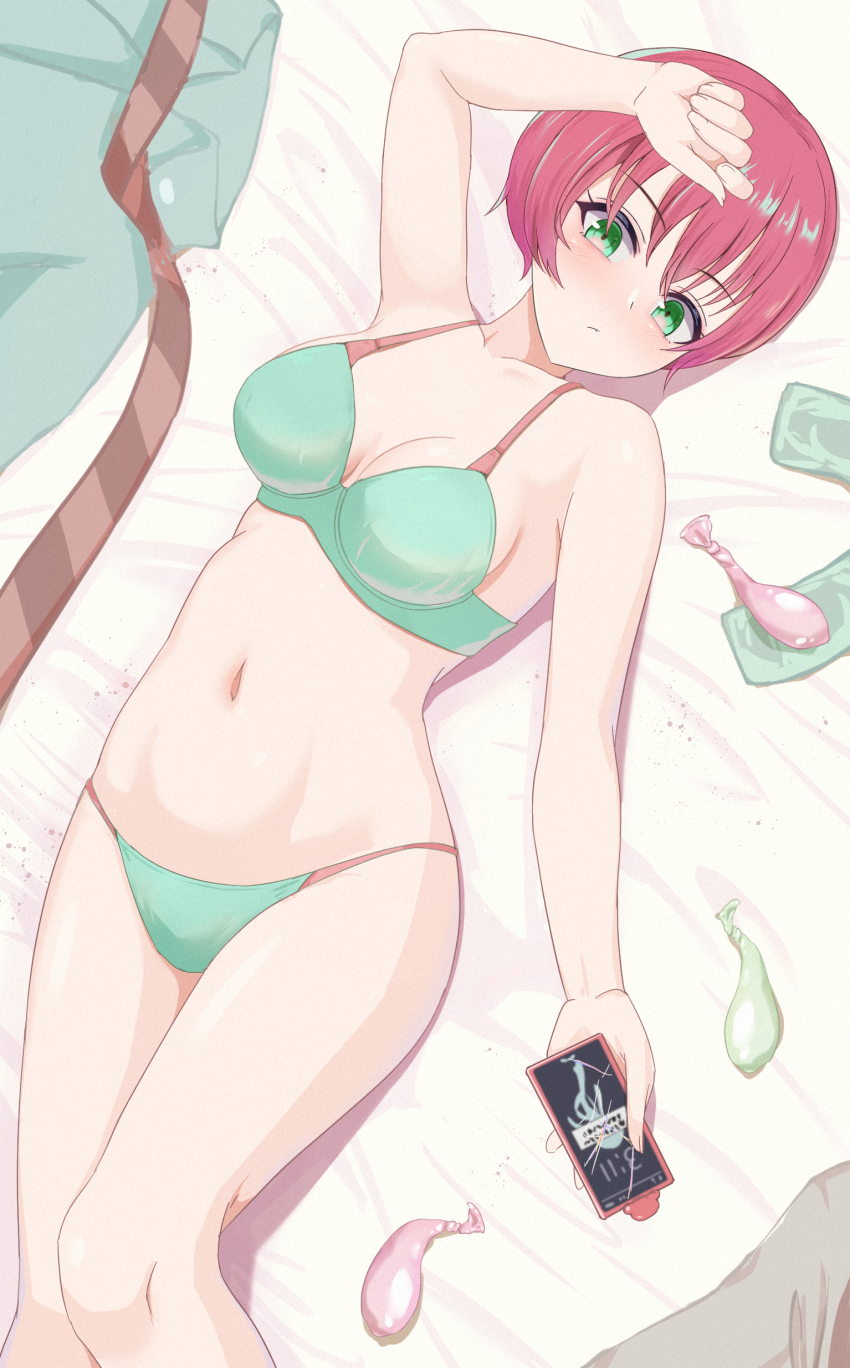 1girl absurdres aftersex amate_yuzuriha arm_up bed_sheet bra breasts commentary_request condom green_bra green_eyes green_panties gundam gundam_gquuuuuux hand_on_own_forehead highres holding holding_phone looking_to_the_side lying medium_breasts navel on_back on_bed panties phone red_hair short_hair solo underwear underwear_only unworn_clothes used_condom zhi_(papercraft8559)