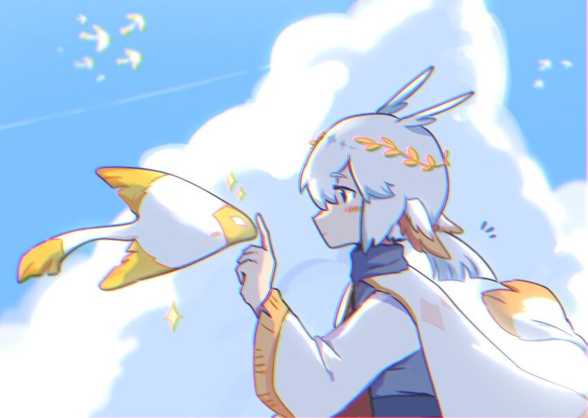 chromatic_aberration cloak cloud commentary laurel_crown mimizuku_(sky:_children_of_the_light) ni12345670 sky sky:_children_of_the_light solo sparkle turtleneck white_cloak white_hair wide_sleeves