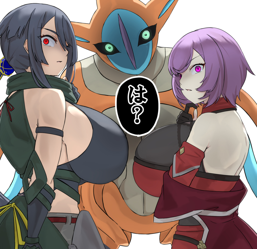 1other 2girls aged_up angry arm_strap arm_under_breasts back bandeau bare_shoulders black_gloves black_hair black_scarf black_tank_top bodystocking breasts coat commentary_request courtney_(pokemon) cowboy_shot crop_top dark-skinned_female dark_skin deoxys detached_sleeves gauntlets gen_3_pokemon gloves grey_shorts hair_between_eyes hand_up highres hizakake huge_breasts looking_at_viewer multiple_girls mythical_pokemon nintendo off_shoulder parted_lips partially_fingerless_gloves pokemon pokemon_(creature) pokemon_oras profile purple_eyes purple_hair red_bandeau red_coat red_eyes red_skirt red_sleeves scarf short_hair short_shorts shorts sidelocks simple_background skirt speech_bubble standing tank_top translation_request white_background wide-eyed zinnia_(pokemon)