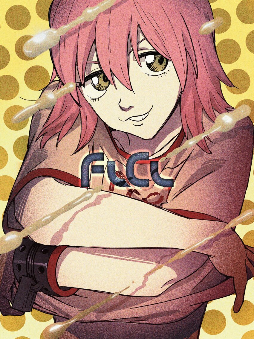 1girl 2000s_(style) alternate_costume flcl hair_between_eyes haruhara_haruko highres light pink_hair pink_punk_ponk polka_dot polka_dot_background shadow shirt short_hair solo standing teeth undressing upper_body yellow_background