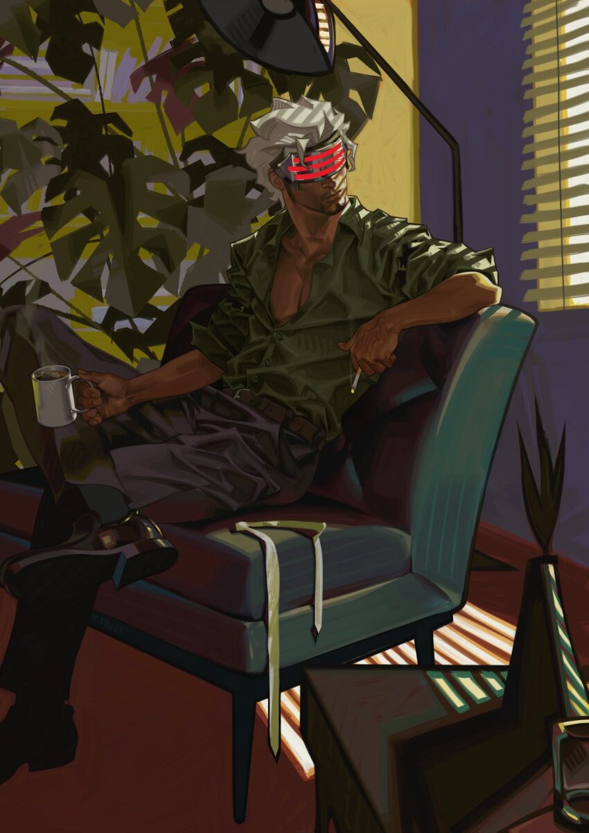 1boy ace_attorney black_footwear black_pants black_socks window_blinds cigarette cup day facial_hair goatee godot_(ace_attorney) green_shirt highres holding holding_cigarette holding_cup indoors male_focus mask mr_kasuy mug necktie unworn_necktie pants pectorals plant potted_plant shadow shirt sideburns sitting smoking socks stubble table undone_necktie white_hair window