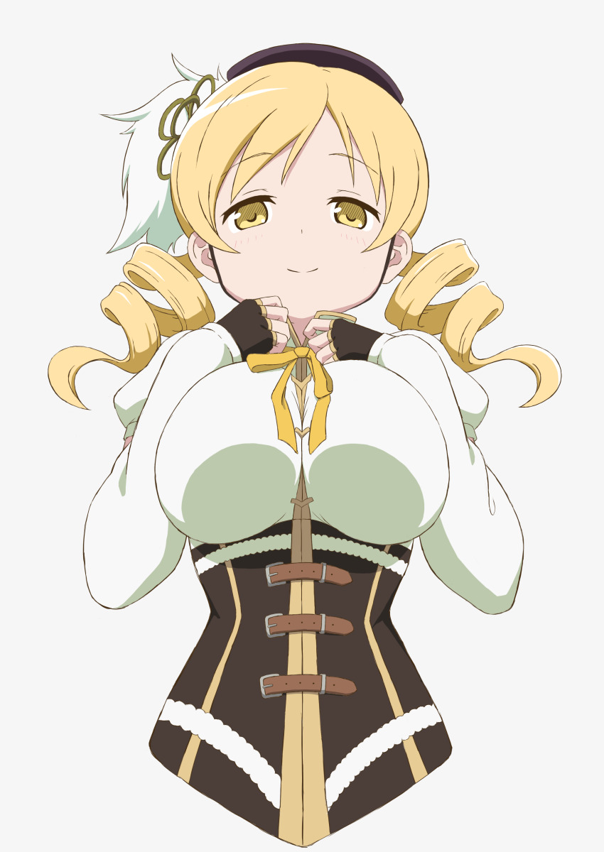 1girl absurdres beret black_hat blonde_hair breasts brown_gloves corset detached_sleeves drill_hair fingerless_gloves gloves hat highres large_breasts long_hair looking_at_viewer magical_girl mahou_shoujo_madoka_magica mahou_shoujo_madoka_magica_(anime) smile solo tomoe_mami twin_drills twintails usazirou539 yellow_eyes