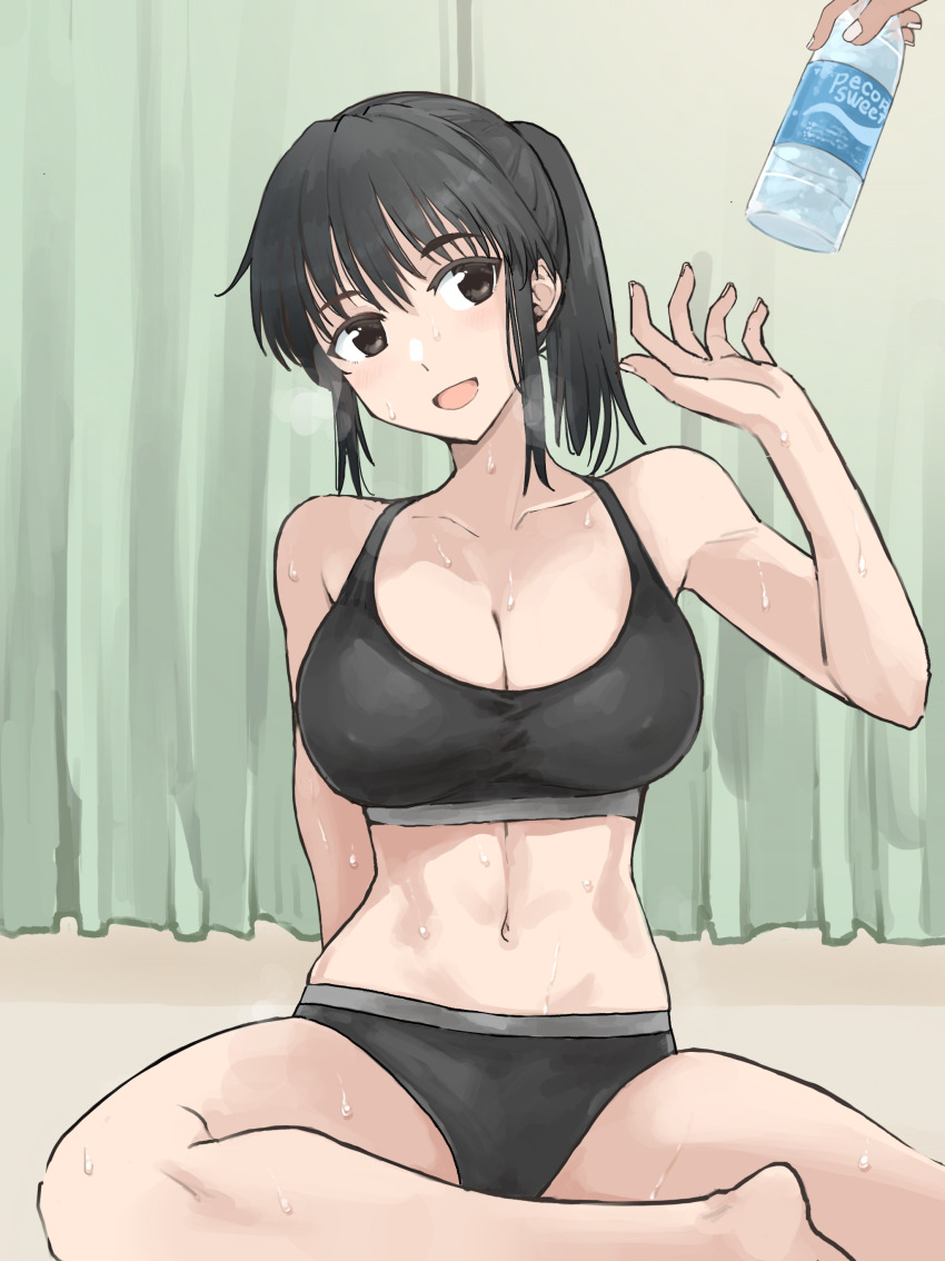 1girl :d absurdres arm_behind_back bare_arms bare_legs bare_shoulders barefoot black_bra black_eyes black_hair black_panties bottle bra breasts breath cleavage collarbone cosaten curtains giving hair_between_eyes hand_up head_tilt highres large_breasts looking_to_the_side medium_hair midriff navel open_mouth panties ponytail school_rumble sidelocks sideways_glance sitting smile solo sports_bra sportswear suou_mikoto_(school_rumble) sweat underwear water_bottle