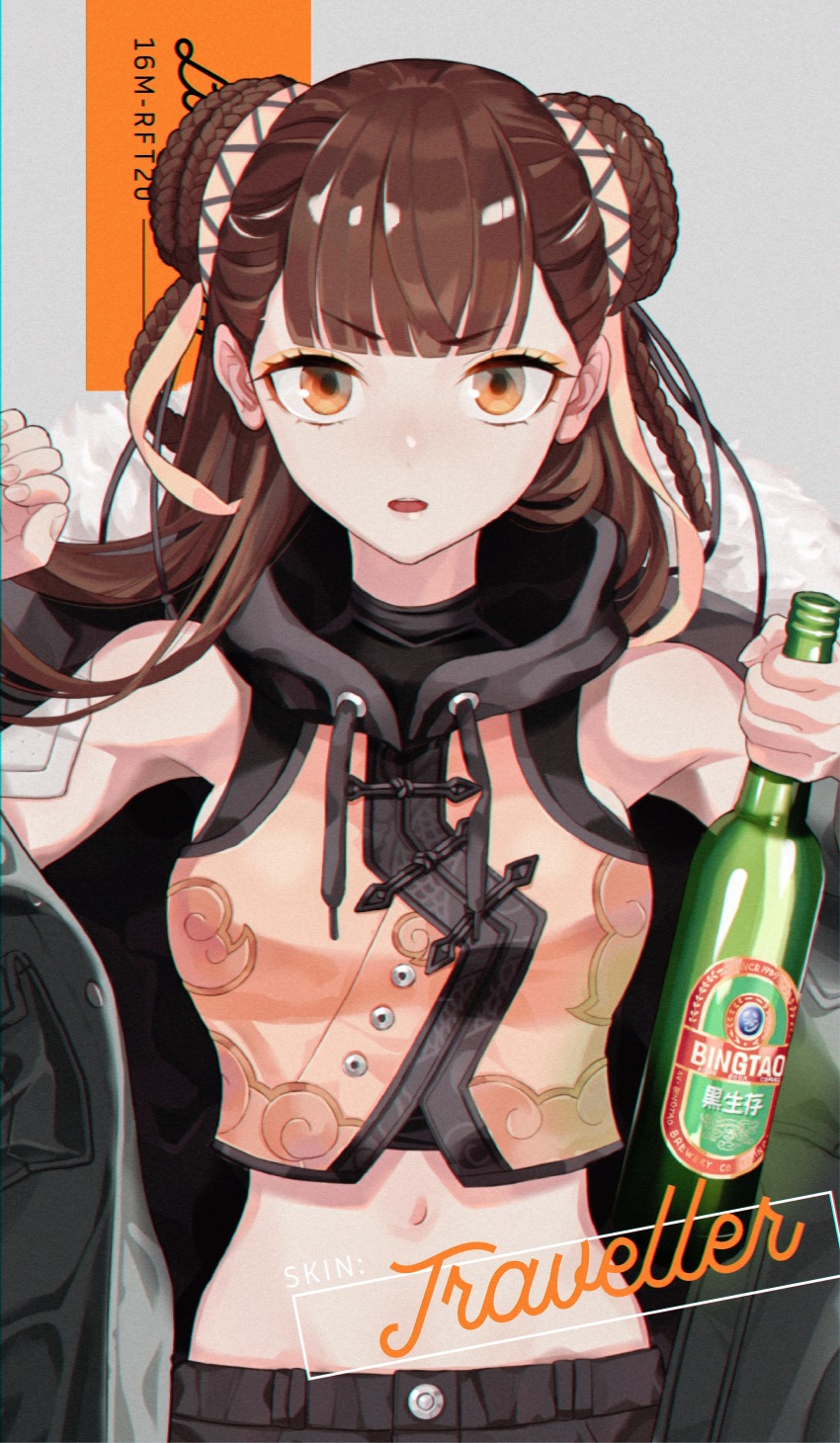 1girl 3shine_02 absurdres black_survival bottle braid braided_bun brown_hair crop_top double_bun eternal_return:_black_survival grey_background hair_bun highres li_dailin long_hair looking_at_viewer midriff navel open_mouth pants sleeveless soju solo tagme upper_body yellow_eyes