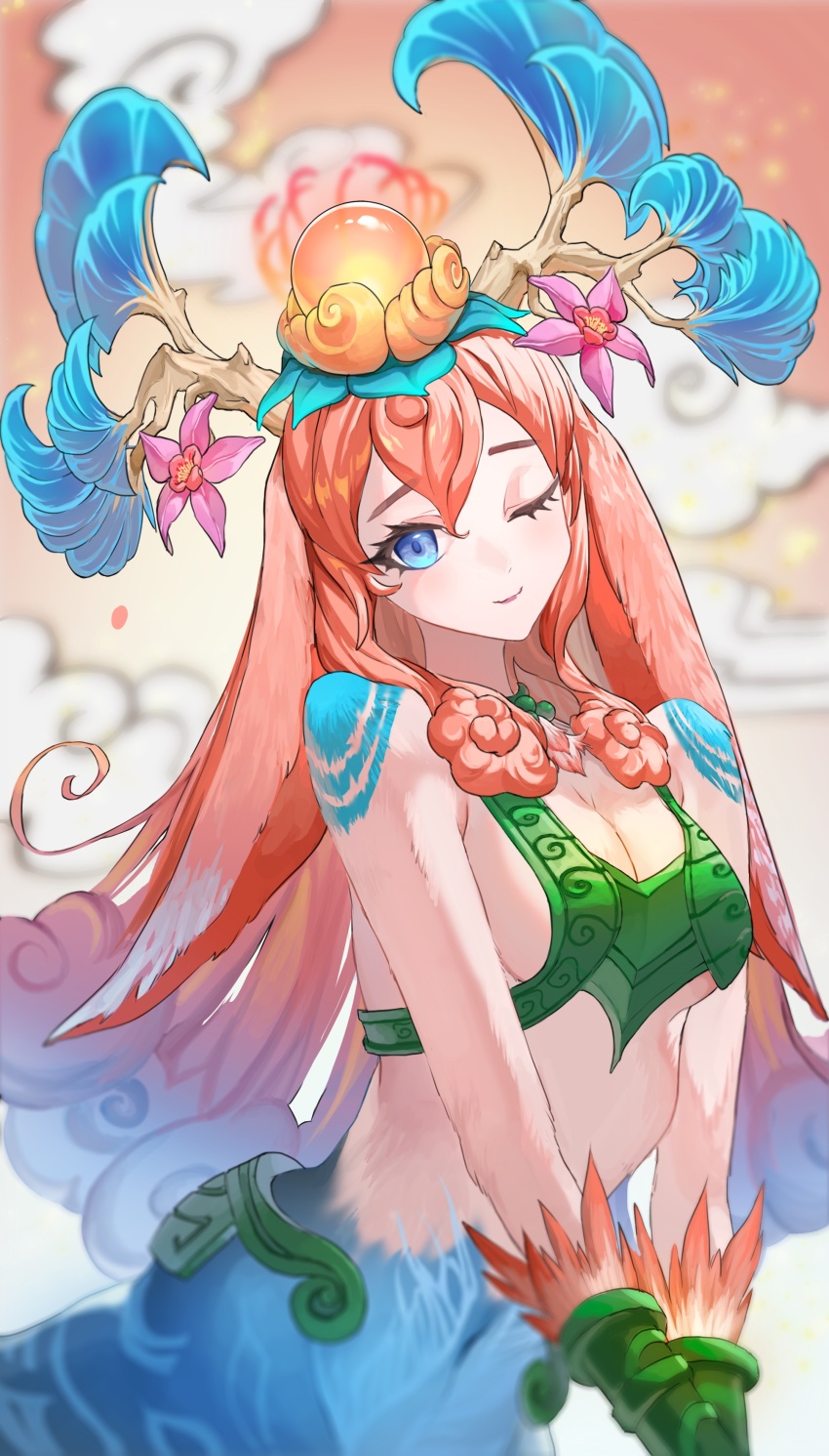 1girl ;) absurdres animal_ears antlers bare_shoulders blue_eyes bra breasts centaur cleavage cloud colored_skin flower gloves green_bra green_gloves green_skin hair_ornament highres horns horse_ears horse_girl large_breasts league_of_legends lillia_(league_of_legends) long_hair looking_at_viewer multicolored_background multicolored_hair one_eye_closed orange_hair pink_flower rayn87250715 shan_hai_scrolls_lillia smile solo taur underwear