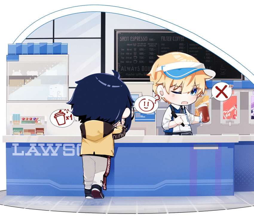 2boys alternate_costume cafe chibi commandant_(pgr) contemporary dochikun drink flirting highres image_sample lawson lee_(pgr) multiple_boys pixiv_sample punishing:_gray_raven shop yaoi