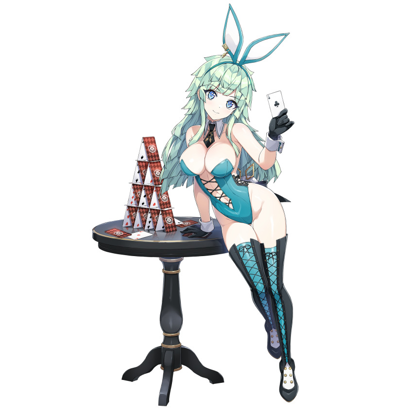 1girl ace_(playing_card) ace_of_clubs animal_ear_hairband animal_ears black_gloves black_necktie black_thighhighs blue_eyes boots breasts card closed_mouth club_(shape) covered_navel detached_collar dolphin_wave fake_animal_ears game_cg gloves green_eyes green_leotard hairband hand_on_table highleg highres house_of_cards kishimen_hair leaning_on_table leotard long_hair looking_at_viewer medium_breasts navel necktie non-web_source official_alternate_costume official_art ootomo_takuji playboy_bunny playing_card rabbit_ear_hairband rabbit_ears selena_lewis smile solo strapless strapless_leotard thigh_boots thighhighs transparent_background white_wrist_cuffs wrist_cuffs