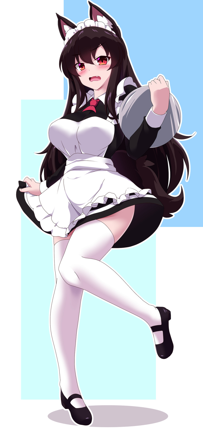 1girl absurdres alternate_costume animal_ear_fluff animal_ears apron black_dress blue_background blush breasts brown_hair commentary_request dress enmaided fang full_body highres holding holding_tray imaizumi_kagerou large_breasts long_hair looking_at_viewer maid maid_headdress mary_janes open_mouth red_eyes shoes sivamaron skirt_hold solo standing tail thighhighs touhou tray white_apron white_background white_thighhighs wolf_ears wolf_girl wolf_tail