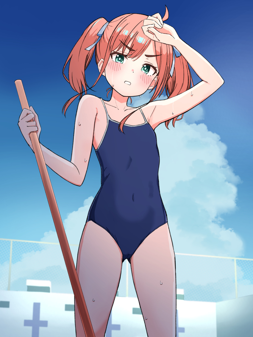 1girl absurdres blue_one-piece_swimsuit blue_sky cleaning_brush cloud commentary_request competition_school_swimsuit cowboy_shot day empty_pool flat_chest gluteal_fold green_eyes hand_on_own_head highres long_hair one-piece_swimsuit orange_hair original outdoors parted_lips pool school_swimsuit sky solo swimsuit urushiushiru