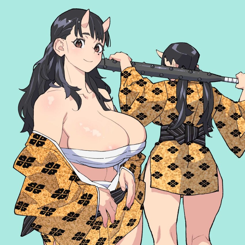 1girl areola_slip bare_shoulders black_hair blue_background breasts brown_eyes chest_sarashi club club_(weapon) commentary_request dungeon_meshi highres holding holding_behind_back holding_weapon holding_weapon_behind_back horns inutade japanese_clothes large_breasts long_hair mole mole_under_eye oni ouma_bunshichirou sarashi sash shiny_skin simple_background skin-covered_horns smile solo spiked_club thighs twintails weapon