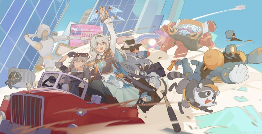 2girls absurdres baseball_bat black_coat black_gloves black_hairband blue_sky breasts car city coat collared_shirt critter_pick_(honkai:_star_rail) cropped_jacket firefly_(honkai:_star_rail) frilled_sleeves frills gloves green_skirt green_thighhighs grey_hair hair_between_eyes hair_ornament hairband hanu_(honkai:_star_rail) highres honkai:_star_rail honkai_(series) long_hair long_sleeves medium_breasts misha_(honkai:_star_rail) motor_vehicle multicolored_eyes multiple_girls neckerchief open_clothes open_coat open_mouth orange_neckerchief raccoon red_car sanyuansan01 shirt skirt sky smile soulglad stelle_(honkai:_star_rail) suitcase sunglasses thighhighs trailblazer_(honkai:_star_rail) trailblazer_(trash_cake)_(honkai:_star_rail) two-tone_eyes yellow_eyes