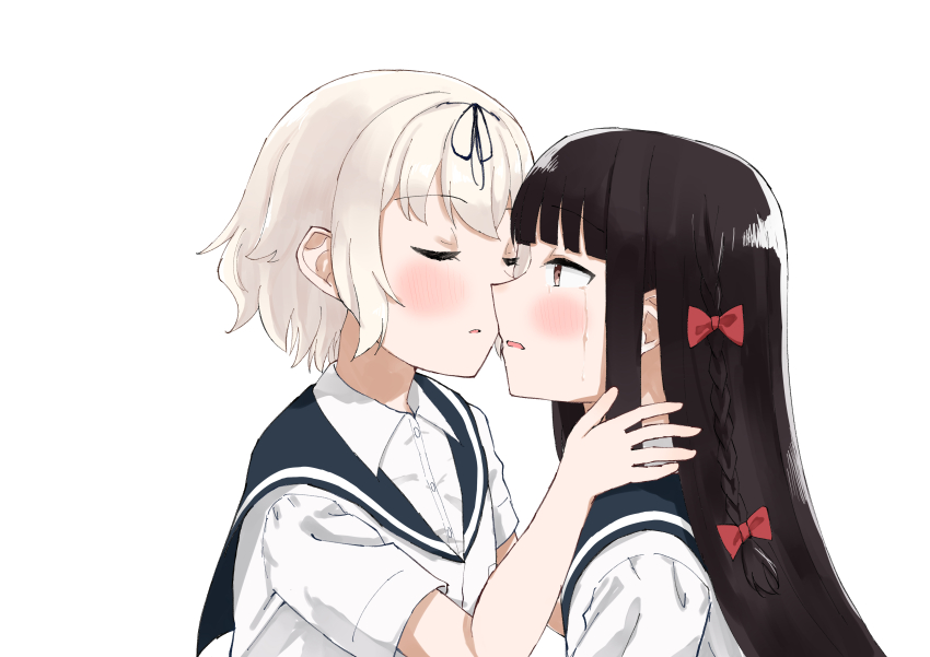2girls absurdres black_hair black_ribbon black_sailor_collar blonde_hair blush bow braid brown_eyes closed_eyes collared_shirt commentary_request crying crying_with_eyes_open hachibiteru hair_bow hair_ribbon hanamura_hinako hand_on_another&#039;s_shoulder highres kitanai_kimi_ga_ichiban_kawaii long_hair looking_at_another multiple_girls parted_lips red_bow ribbon sailor_collar school_uniform sezaki_airi shirt short_hair short_sleeves side_braid simple_background tears white_background white_shirt yuri