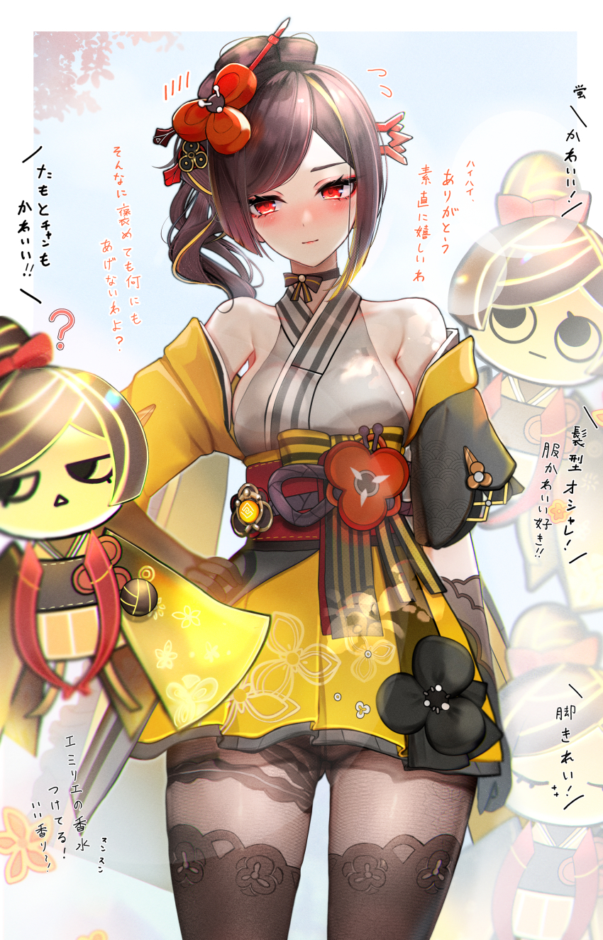 1girl ? absurdres bare_shoulders black_gloves black_pantyhose blush breasts brown_hair chiori_(genshin_impact) commentary_request drill_hair genshin_impact geo_symbol_(genshin_impact) gloves gluteal_fold grey_kimono hair_ornament hair_stick hand_on_own_hip highres japanese_clothes kimono long_hair looking_at_viewer medium_breasts multicolored_hair obi pantyhose red_eyes sanada_nagi sash short_kimono sideboob skirt solo standing tamoto_(genshin_impact) translation_request two-tone_gloves two-tone_legwear vision_(genshin_impact)
