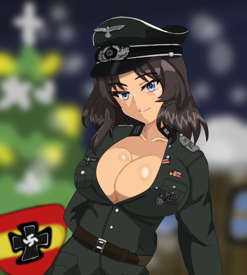 1girl absurdres blue_eyes blush breasts brown_hair cleavage closed_mouth collarbone el_(girls_und_panzer) girls_und_panzer hat highres keibu_sensei_(sbk) large_breasts looking_at_viewer medium_hair military_hat military_uniform smile solo spanish_flag swastika