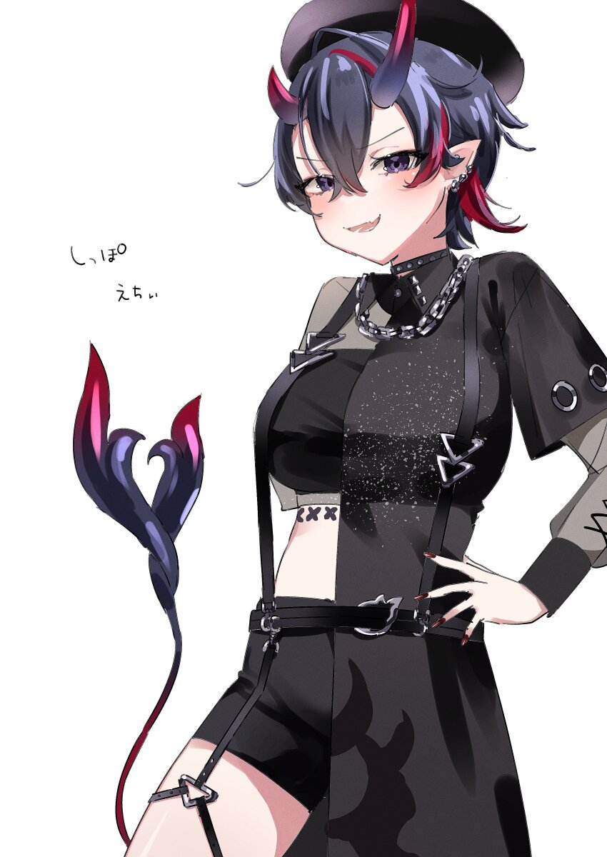 1girl absurdres asymmetrical_clothes asymmetrical_horns black_choker black_hat black_horns black_shorts blush boots breasts chain chain_necklace choker collared_shirt commentary_request cowboy_shot crop_top crossed_bangs demon_girl demon_horns demon_tail earrings fingernails gradient_horns grey_shirt hair_between_eyes hand_on_own_hip hat highres horns jewelry large_breasts layered_sleeves long_bangs long_hair long_sleeves looking_at_viewer multicolored_hair multicolored_horns multiple_earrings nanashi_inc. necklace official_alternate_costume open_mouth pointy_ears purple_eyes red_hair red_horns red_nails ryugasaki_rene ryugasaki_rene_(4th_costume) shirt short_hair short_over_long_sleeves short_sleeves shorts simple_background smile solo streaked_hair studded_choker suspender_shorts suspenders tail tamotsu_(mary) thigh_boots two-tone_hair uneven_horns very_long_hair virtual_youtuber white_background